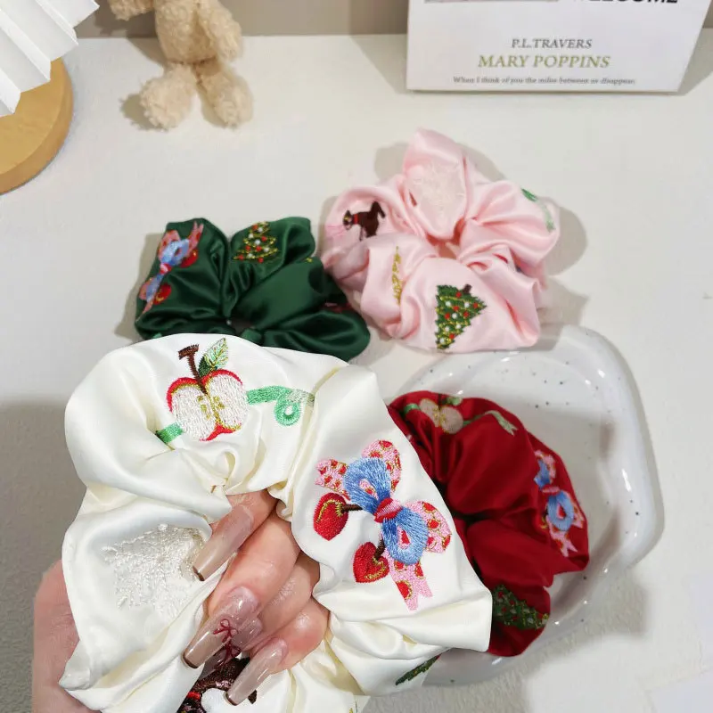 

Christmas Large Intestine Ring Women's Hair Accessories Fashion Satin Embroidered Snowflake Christmas Tree Ponytail Hair Ring