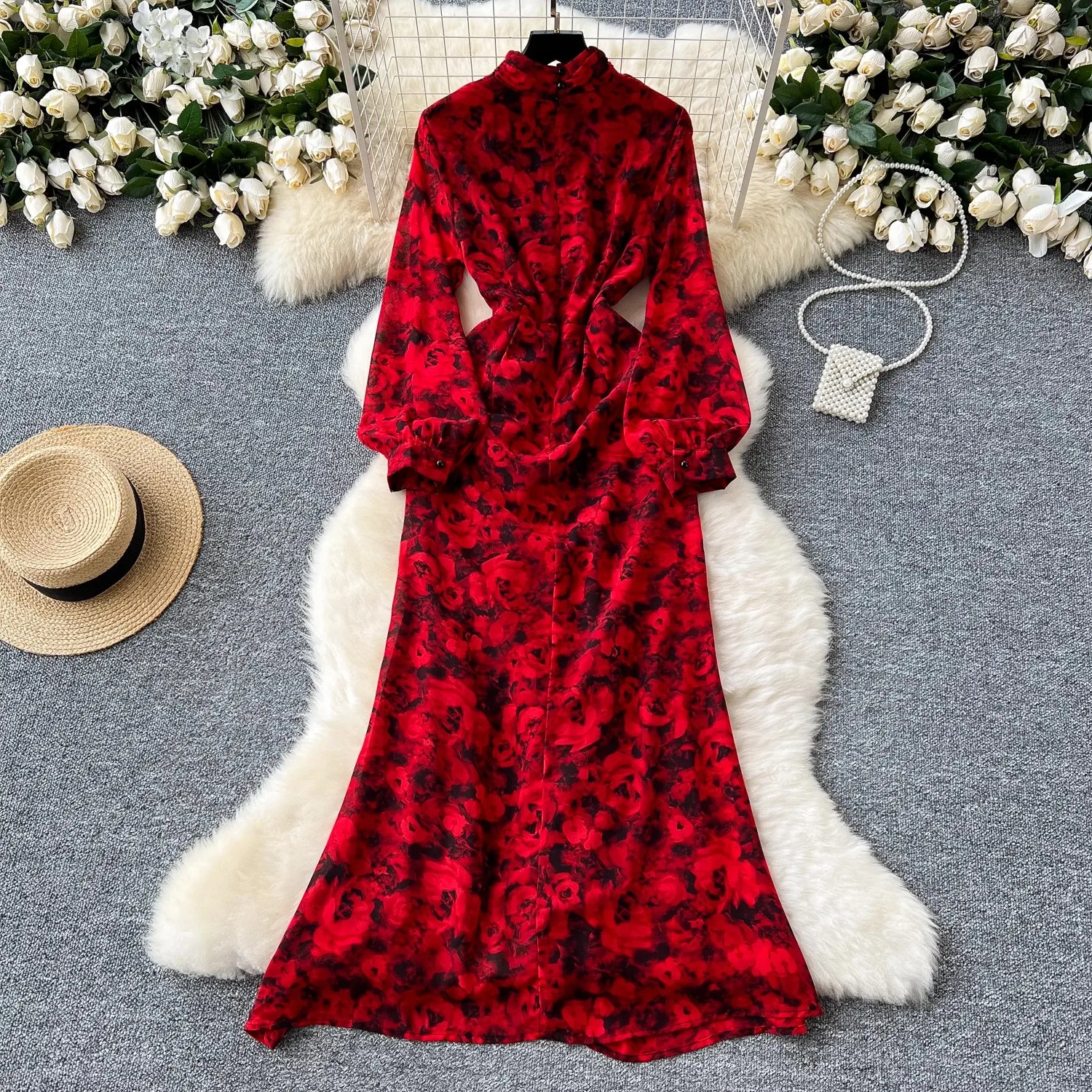 High Quality Women Summer Print Flower Stand Collar Lantern Sleeve Chiffon Casual Party Boho Holiday Dresses