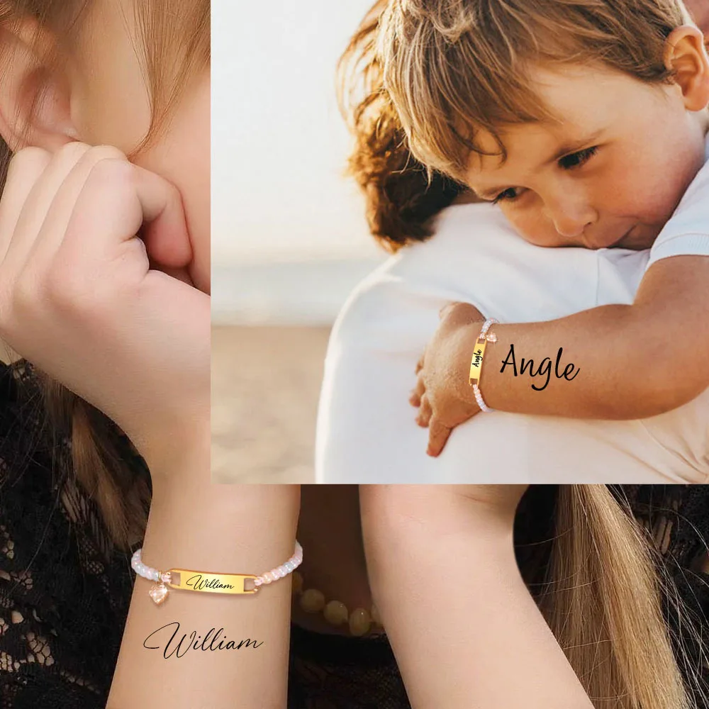 Personalized Enrgave Name Bar ID Bracelet for Little Boy Girl, Charms Zirconia Handmade Braided Bracelet Birthday Gift