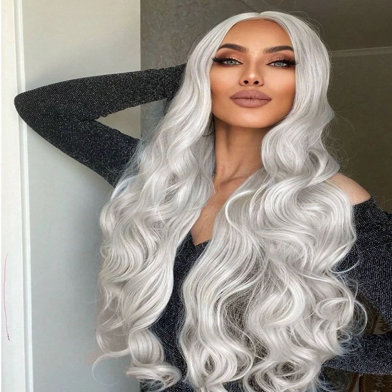 امرأة كبيرة موجة الشعر الطويل الكرة مساء اللباس أزياء مباراة طويلة مجعد الشعر سيدة اللباس اليومي حتى أغطية الرأس مركز افترق الانفجارات شعر مستعار