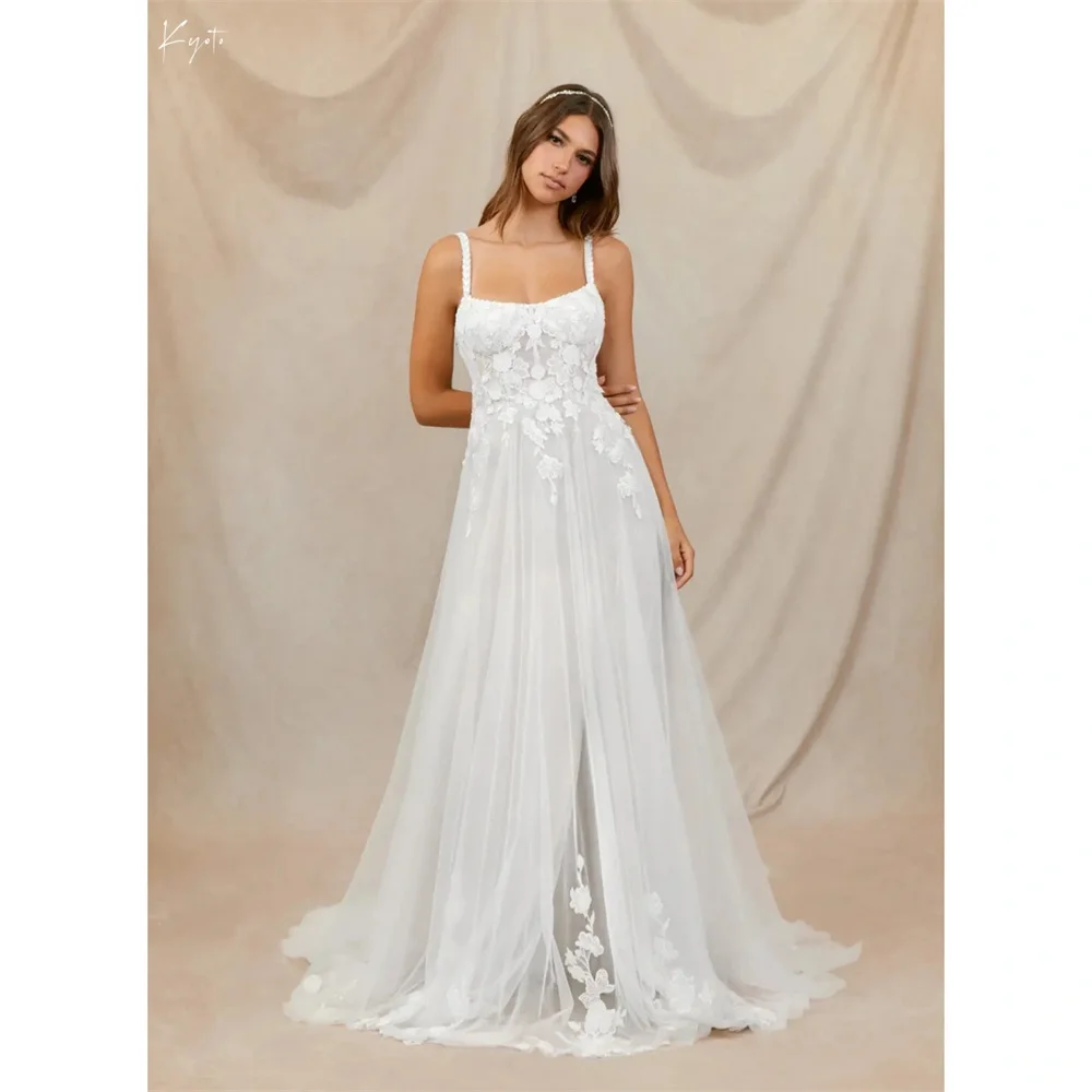 

Kyoto Customize White Simple Floral A-line Wedding Dress Side Slit Spaghetti Strap vestidos de noche Sweep Train Backless Formal
