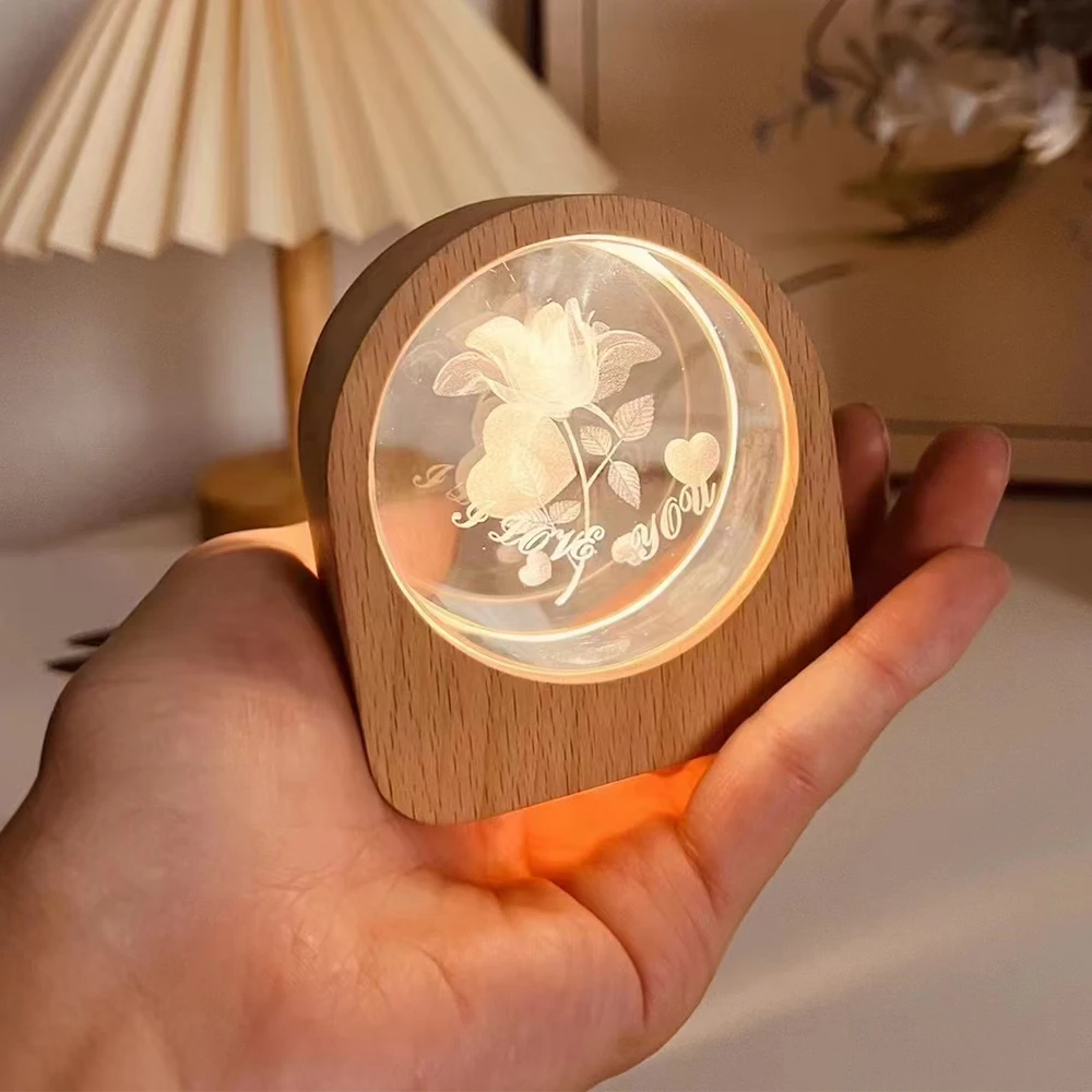 Led Crystal Ball Night Light 3D Inner Carved Mini USB Lamp Wood Base For Wedding Anniversary Birthday Room Support Custom Images