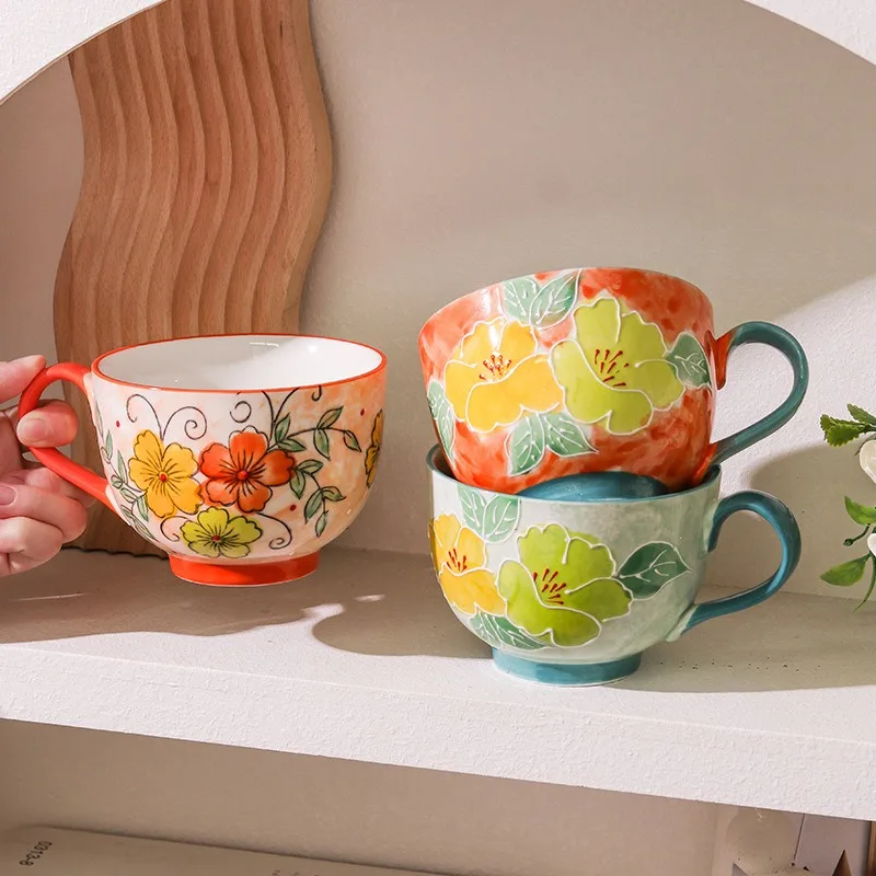 1Pc 500ml Ceramic Cup Handmade Glyptic Breakfast Bowl Large Capacity Water Cup for Office Porcelain Coffee Mug for Afternoon Tea