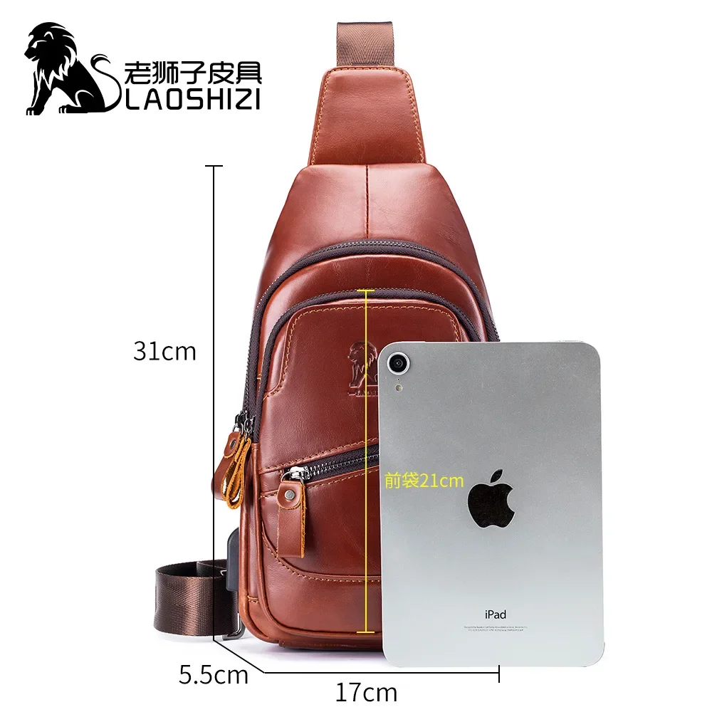 Brand Design Men's Chest Bag High Large Capacity Leather Shoulder Crossbody Bag USB Top Layer Cowhide Tablet IPad Phone Bag