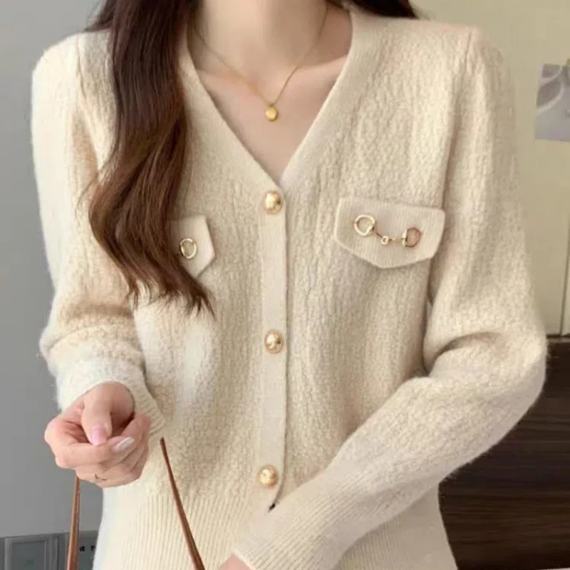 Spring Autumn New Solid Color V-neck Long Sleeve Fashion Shirt Women High Street Button Patchwork Cardigan Elegant Vintage Tops