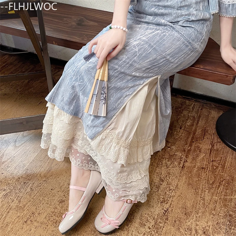 Cotton Matching Cheongsam Qipao Skirts New Year Retro Cute Girls Sweet Princess Romantic Lace High Waist A Line Long Lace Skirts