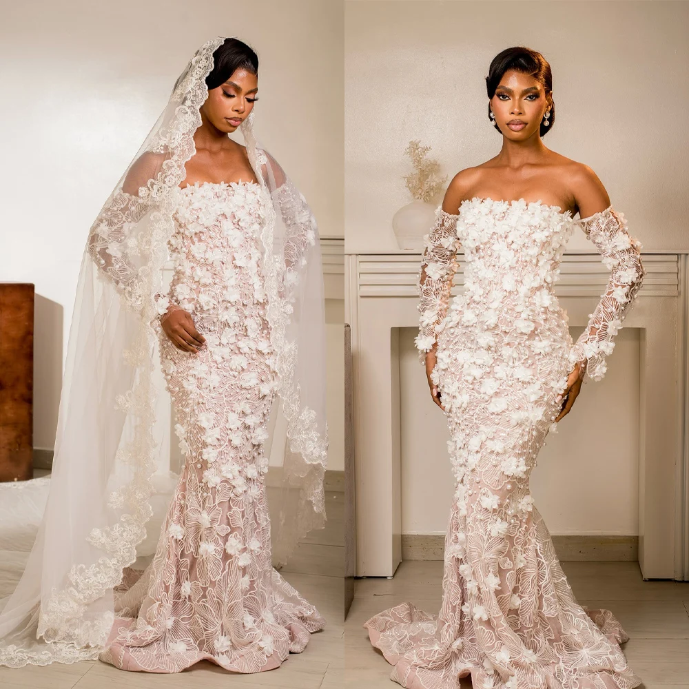 

Illusion Customized Mermaid Wedding Dresses Off Shoulder Pearls Bridal Gowns Sequins 3D Flowers Appliques Vestidos De Novia