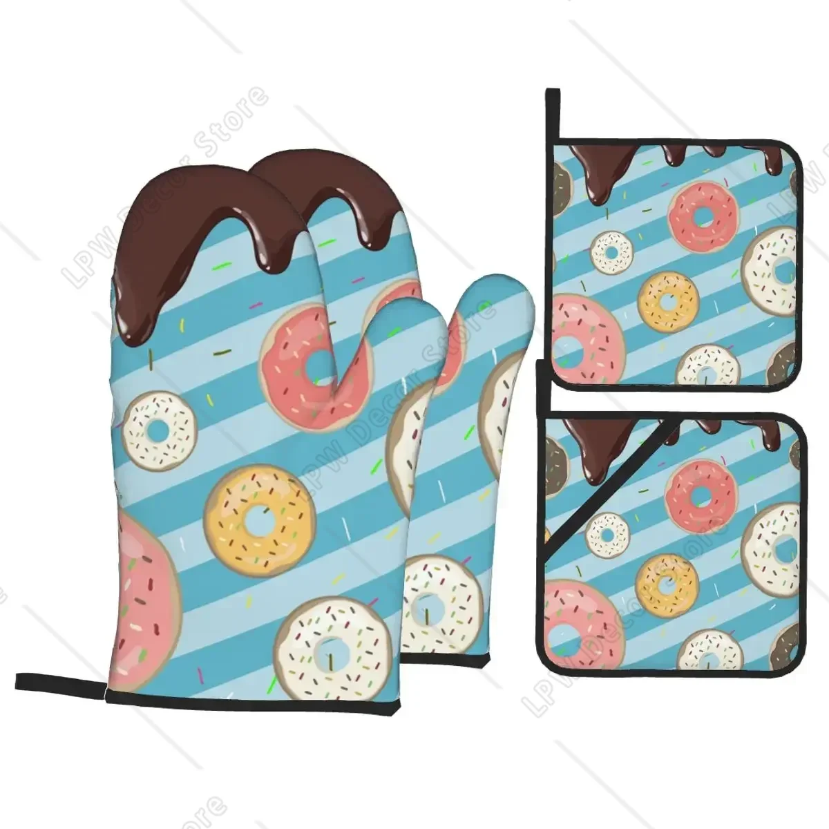 

Chocolate Donuts Art Oven Mitts and Pot Holders Sets of 4 Heat Resistant Kitchen Gloves Potholders for Cooking Baking Grilling