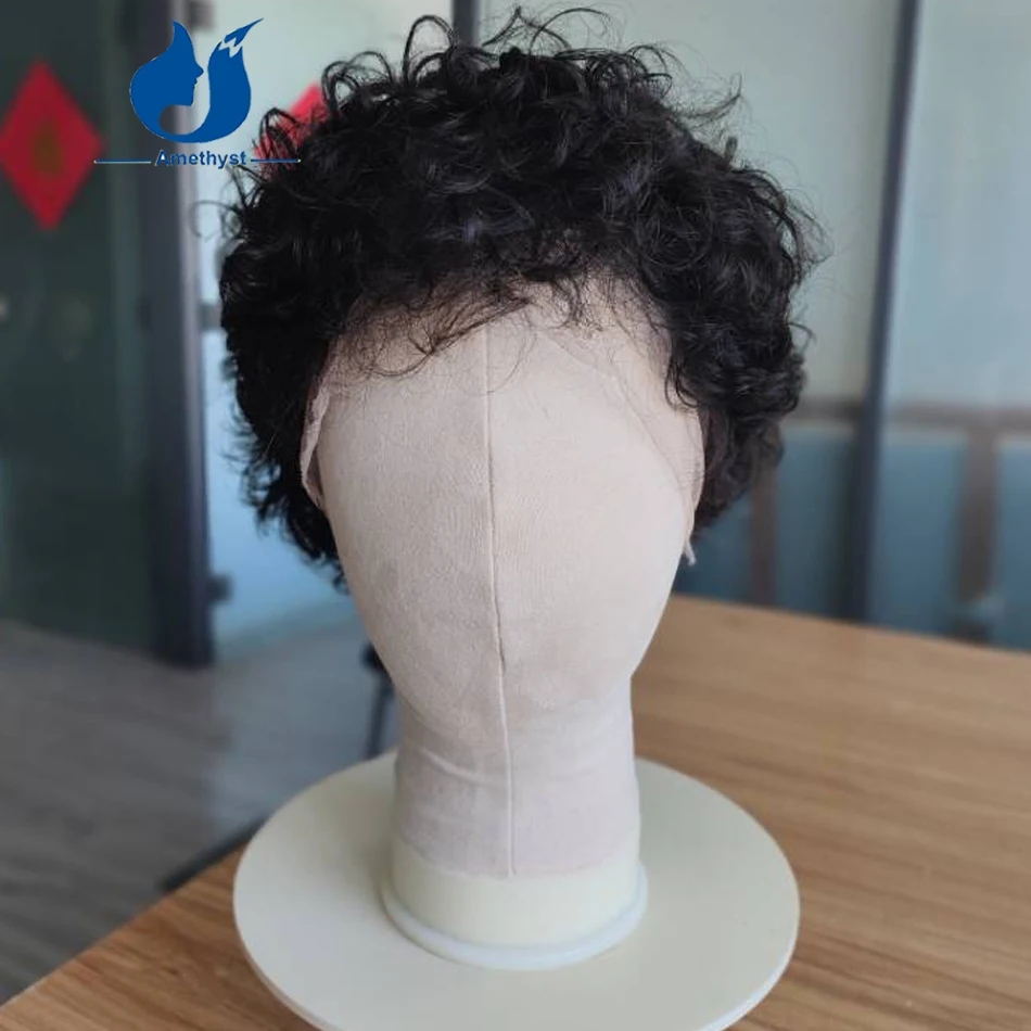 

Amethyst Natural 13x6 Lace Front Wig for Men Virgin Remy Human Hair Short Bob Curly Style Pre Plucked Brazilian Pixie Cut