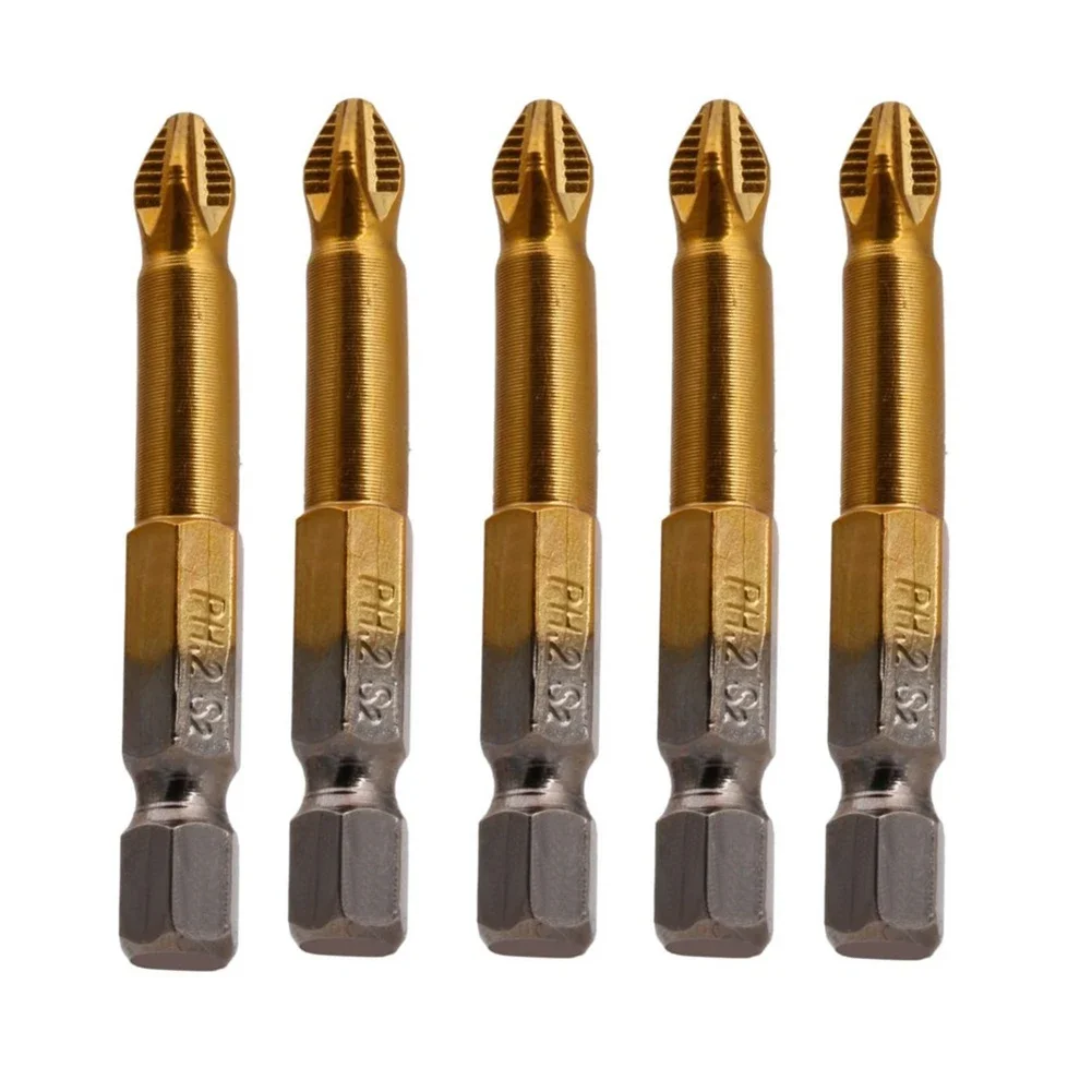 5Pcs Titanium Coated Screwdriver Bit Set PH2 50mm 1/4\