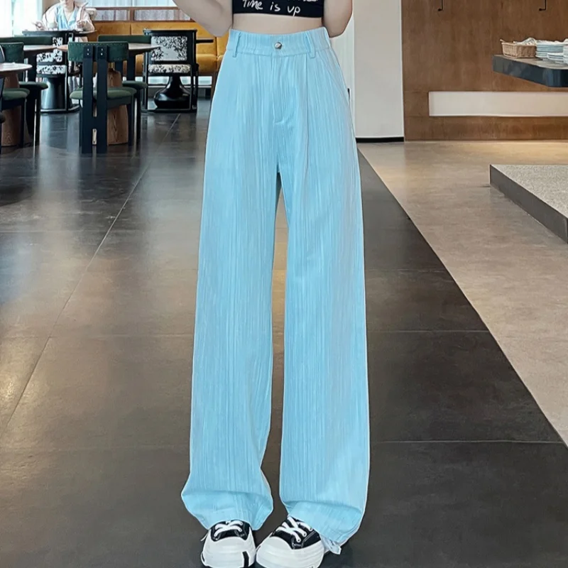 High Waist Blue Striped Suit Women's Wide Leg Pants Single Button Elegant Straight Loose Full Length Trousers Female 2025 New