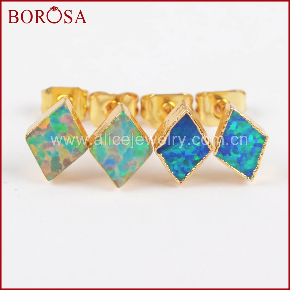 5Pairs Rhombic Shape Gold Plated White Blue Opal Stud Earrings Gemstone Earrings For Lady Jewelry Gifts