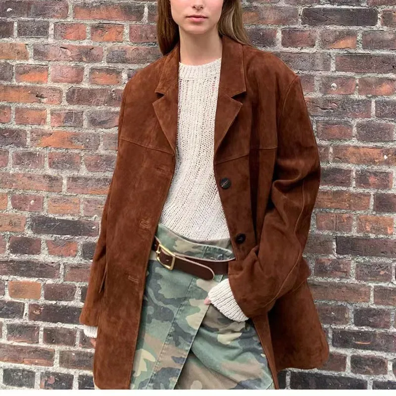 Retro Brown Kid Suede Jacket for Women 2025 New High Sense Loose Oversized Leather Suit Blazer Female Casual Coat Streetwear