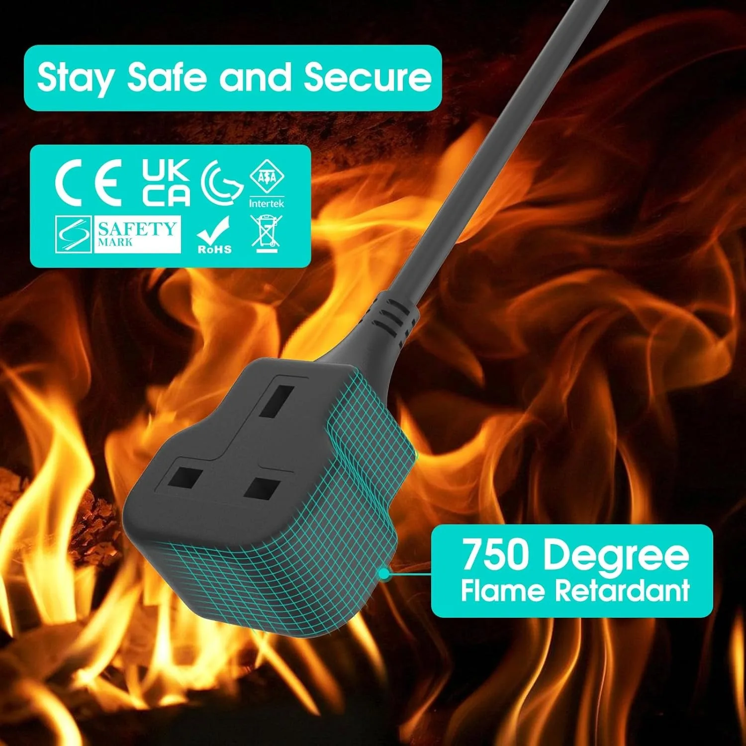 1pc UK black power extension cord socket 13A 3250W high power use suitable indoor and outdoor use power cord extension socket