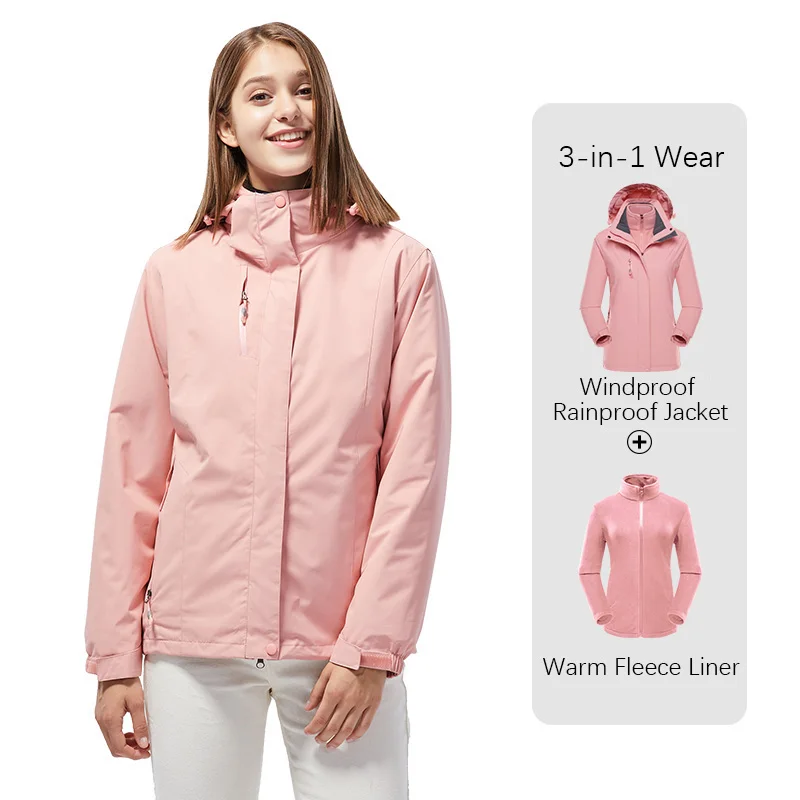 

Women 3 In 1 Warm Inner Lining Jacket Outdoor Hiking Camping Detachable Hat Coat Autumn Winter Casual Sports Fleece Outerwear