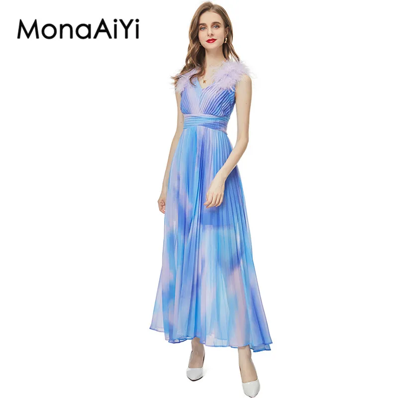 

MonaAiYi New Fashion Runway Designer Women's V-Neck Feather Sleeveless Pleated Gradient Color Long Hem Blue Dress