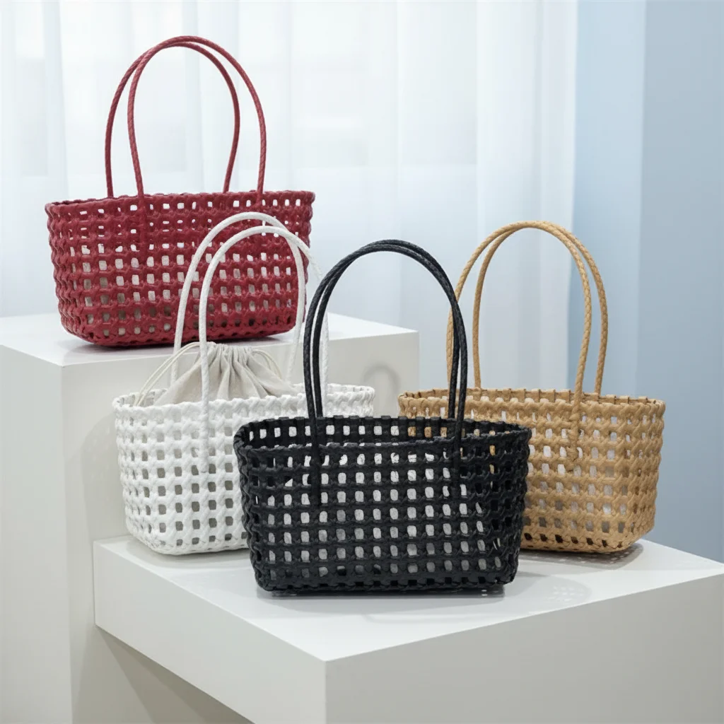 

Trendy Hollow Weave Beach Tote Bag Plastic Handle Lazy Style Vacation Handbag Countryside Style Large Capacity Casual Bag