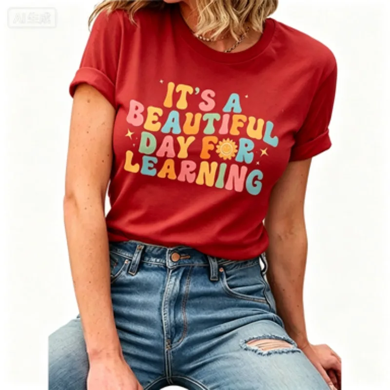 Tshirt Colorful Groovy Font Inspirational Learning Quote Sun Star Decor Soft Crew Neck Casual Short Sleeve Educator Summer Tops
