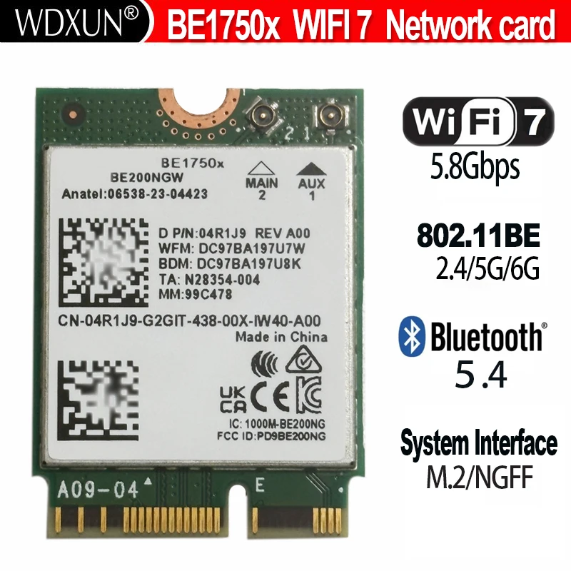 

BE1750x Latest Killer Wi-Fi Card Wi-Fi 7 Tri-Band 2.4/5/6 GHz 5.8Gbps BT5.4 Support M.2 PCIe 802.11BE BE200NGW