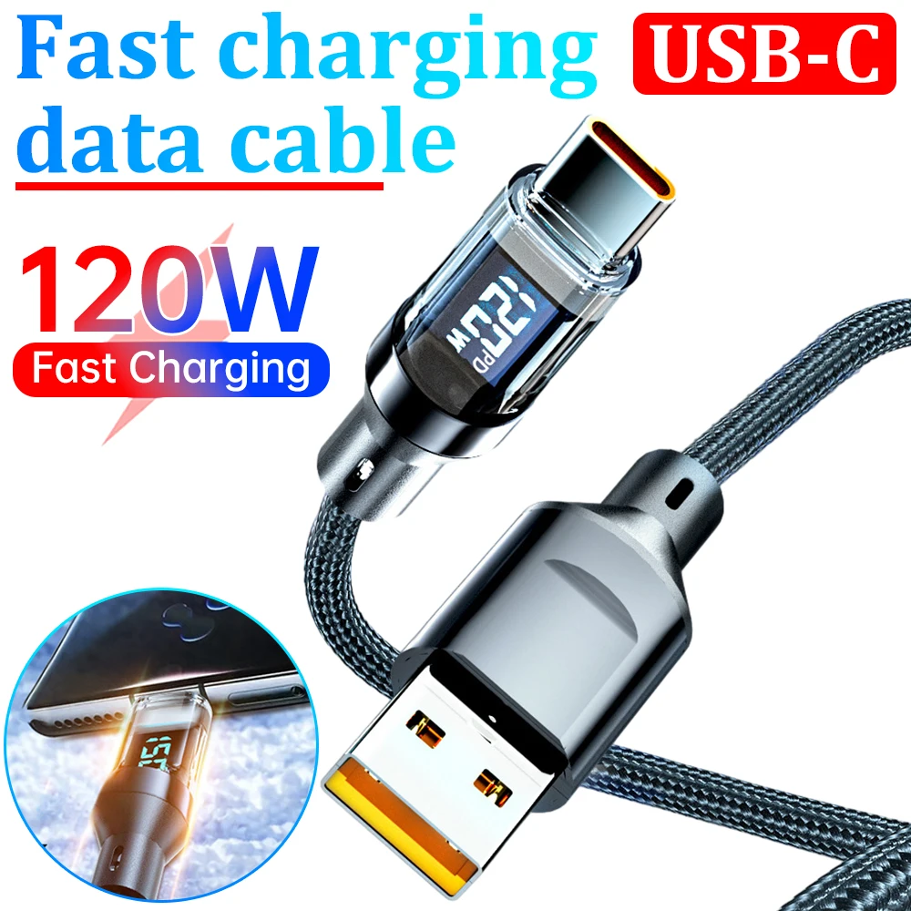 120W PD Fast Charging Data Cable 2M Quick Universal USB to TYPE-C LED Screen Real-Time Power Digital Display For Data Cord