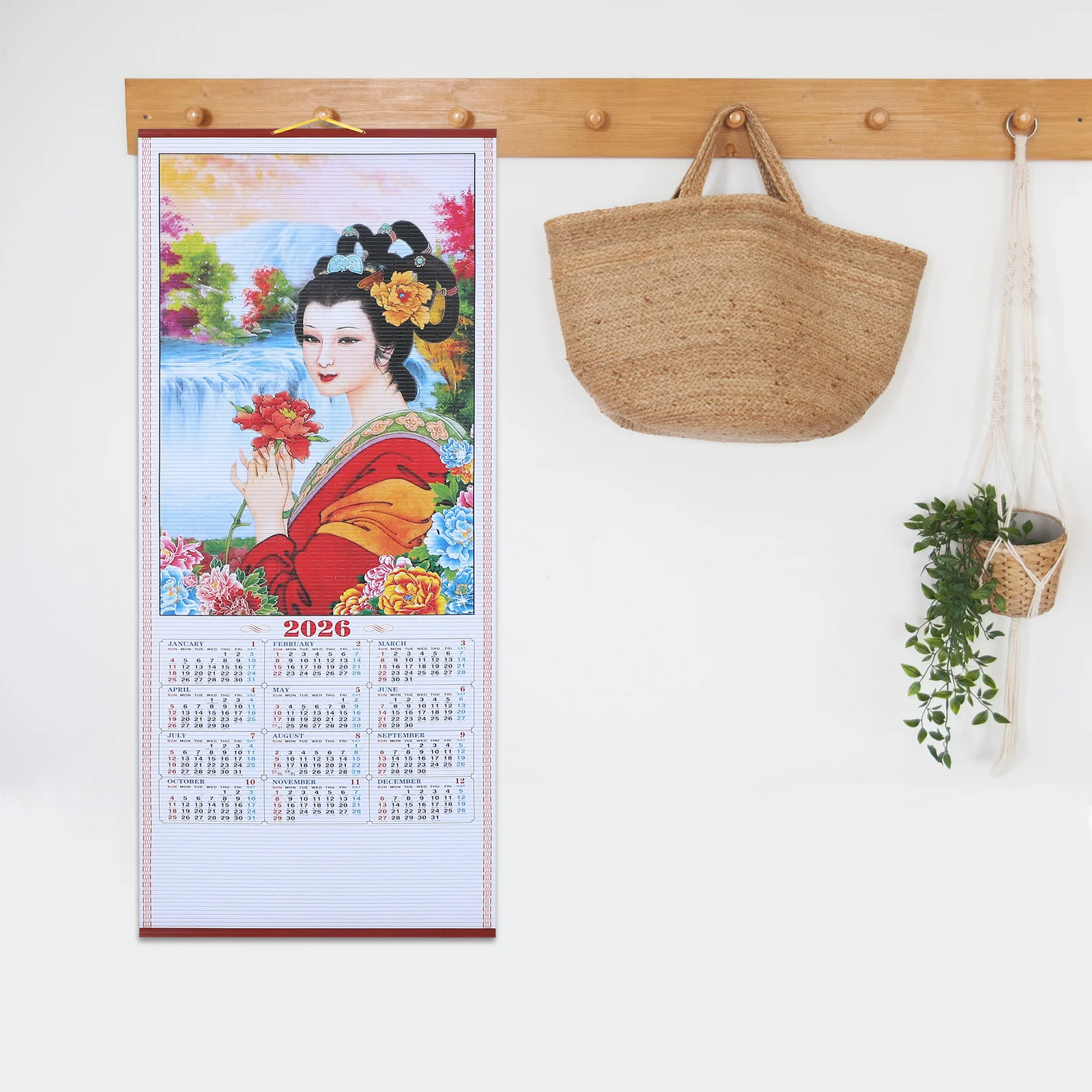 2026 Calendario a scorrimento sospeso in finto rattan Anno lunare cinese Decorazione da parete Anno del cavallo Calendario estetico per soggiorno Ufficio