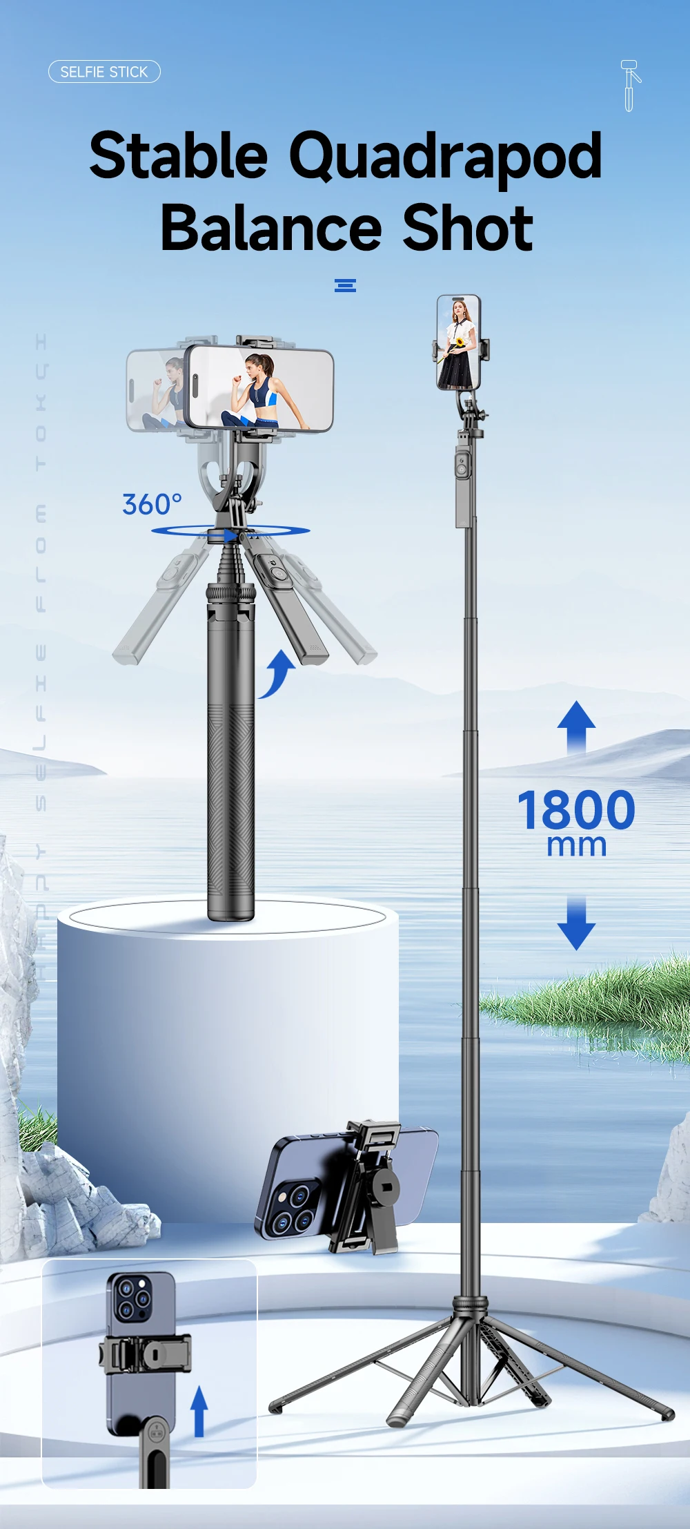 

Штатив-трипод 1,8 м с функцией селфи-палки для камеры и телефона, с управлением жестами/пультом ДУ, универсальный видеокронштейн - C18