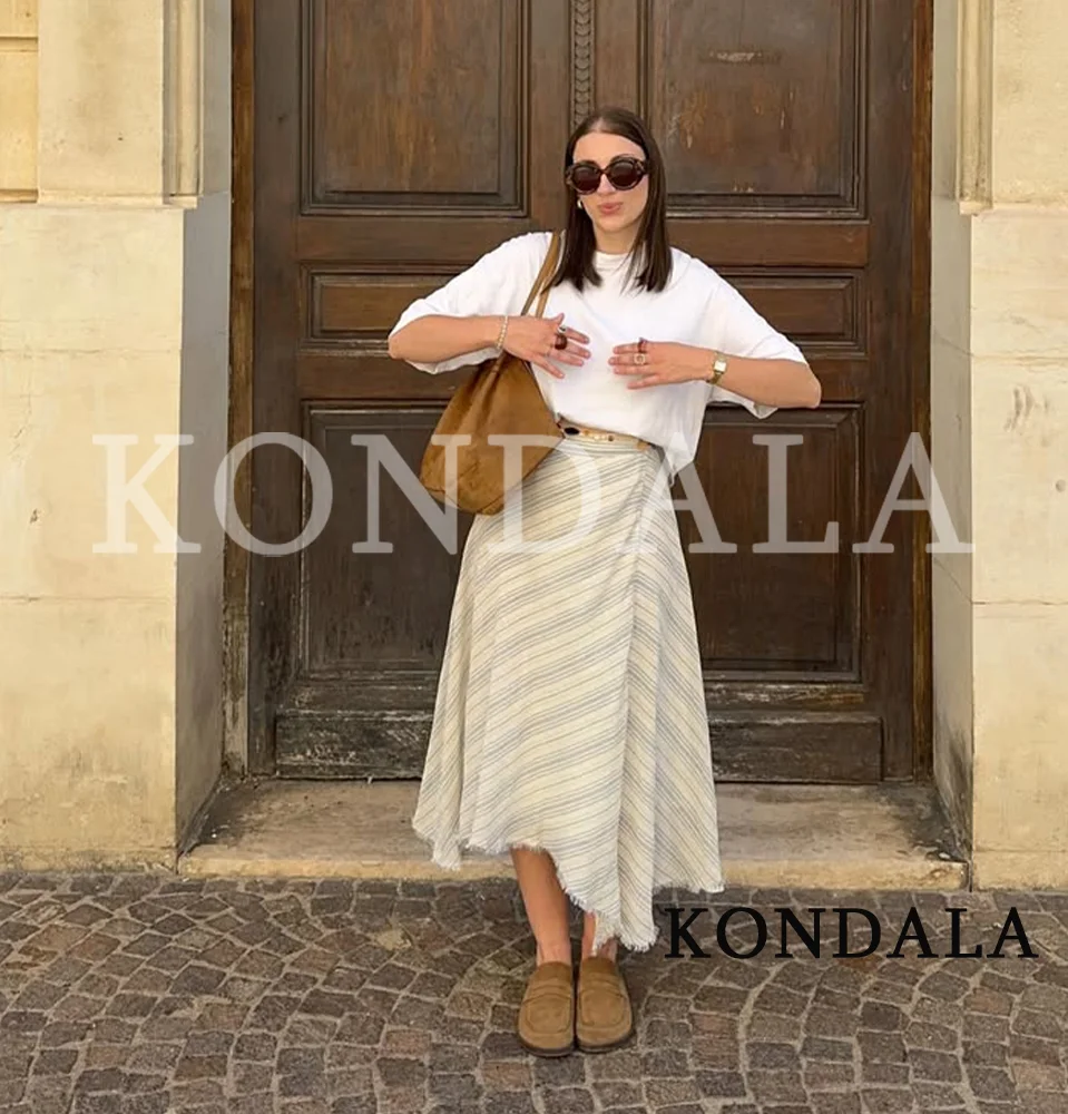KONDALA Women Elegant Casual Striped Midi Skirt 2026 Summer Trendy Holiday Rough Hem Skirts Simple Versatile Asymmetrical Skirt