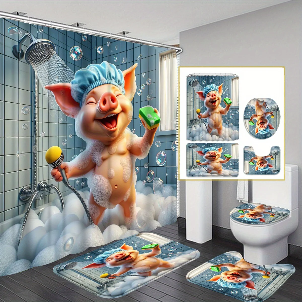 4pcs Piglet Bathroom Set - Playful Shower Curtain, Toilet Cover & Mats, Cute Bathing Pig Design, Cheerful Home Decor