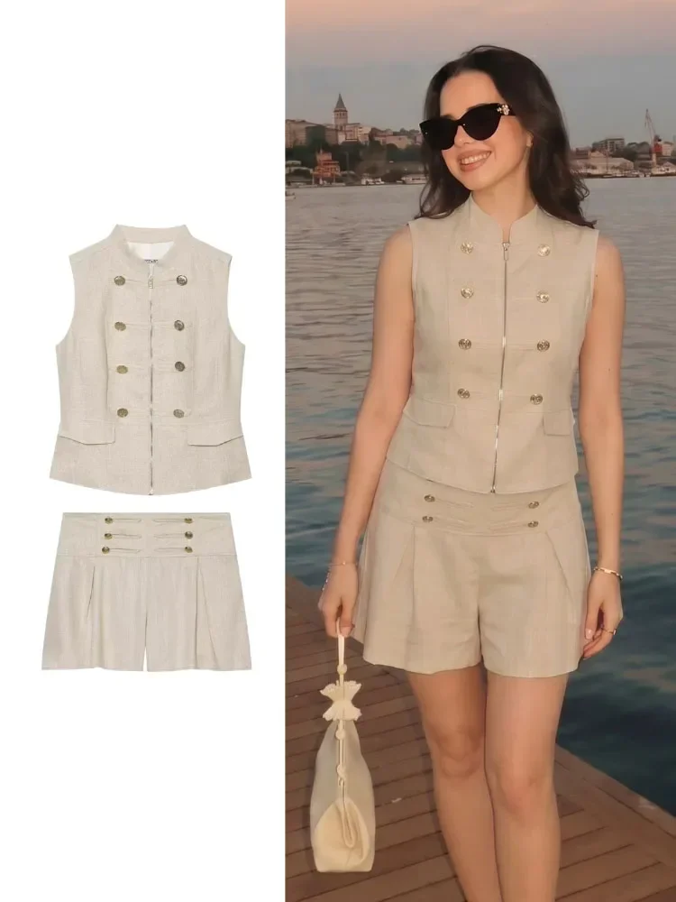 NewWomen Summer Chic Versatile Beige 2 Piece Co Ord Set Stand Mandarin Collar Double Breasted Gold Button Vest High Waist Shorts