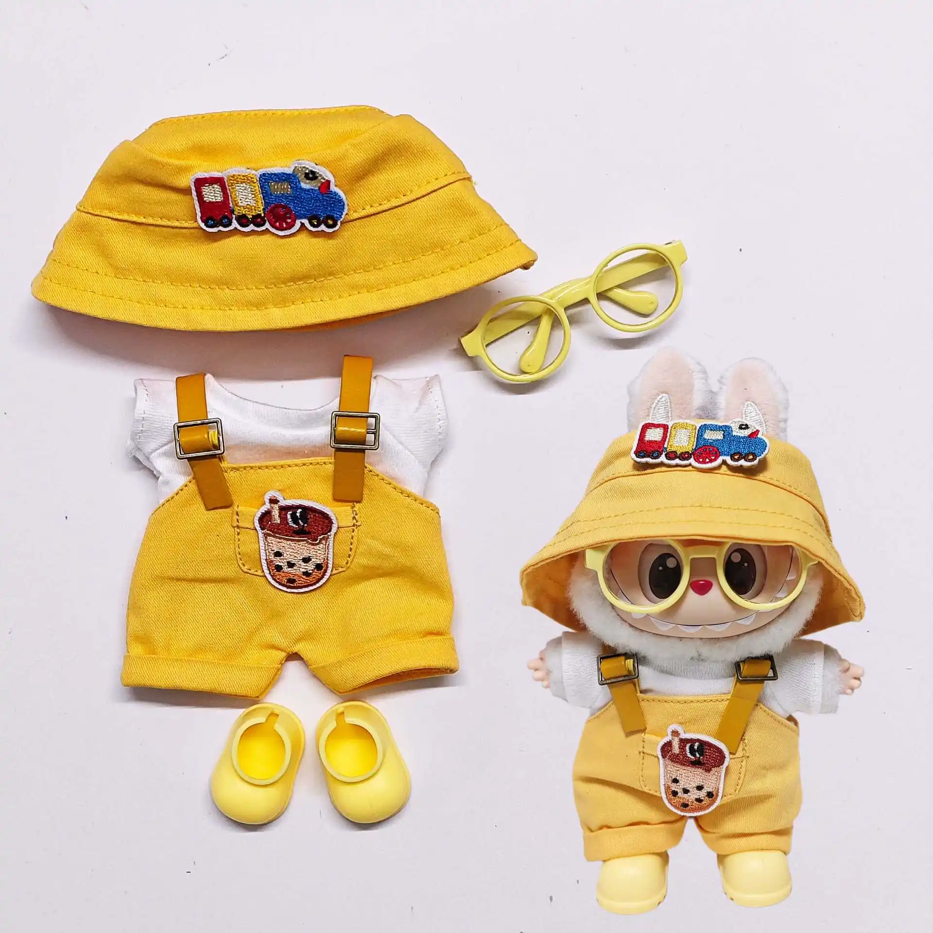 

Clothes For Labubu 1st-3rd Gen 15/17cm Dolls Adorable Yellow Overalls Set - Bucket Hat Train Embellishment & Bubble Tea Patch