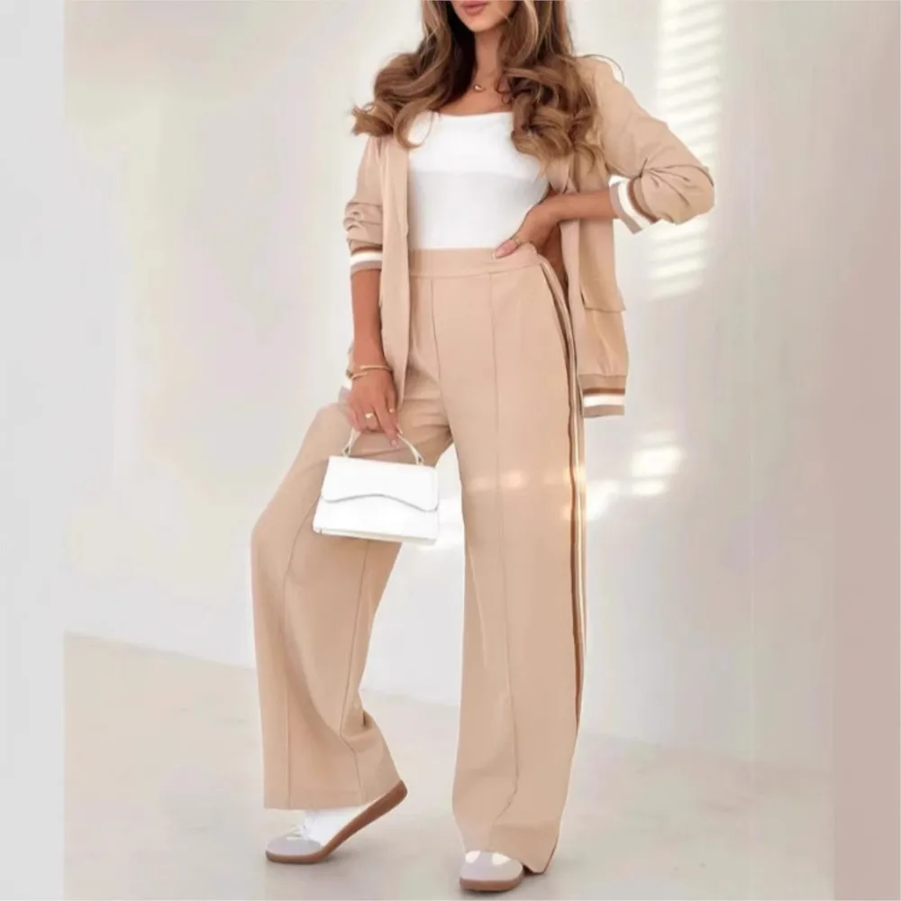 Spring And Autumn Loose Patchwork Striped Blazer Pants Women\'s 2 Piece Fashion Retro Simple Suit Collar Female Office Suit 2025