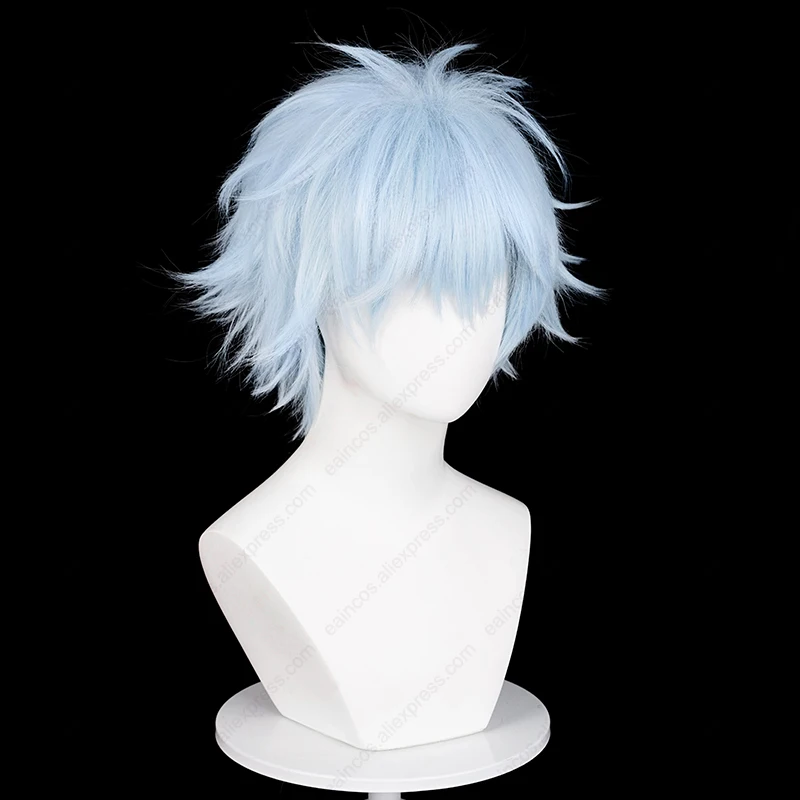 KendpiercOkazaki Cosplay Perruque, Perruques Courtes, Bleu Clair, Degré de Chaleur, Cheveux Synthétiques, 30cm