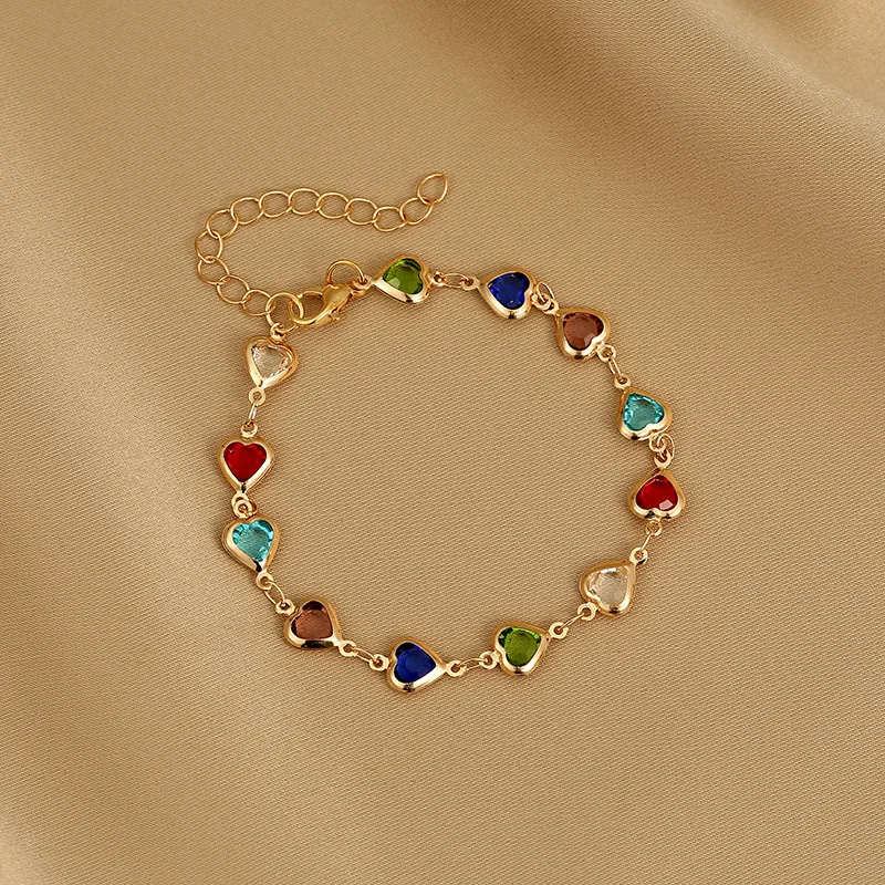 Korean Crystal Zircon Metal Chain Bracelets Bangle Exquisite Colorful Heart Bracelet for Women Charm Party Birthday Jewelry Gift