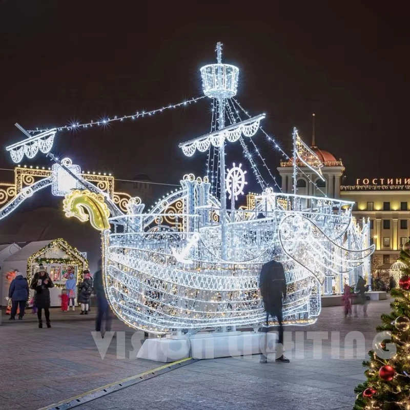 Customized IP65 Illuminated Ship Sculpture Led Boat Motif Lights For Outdoor Christmas Decoration