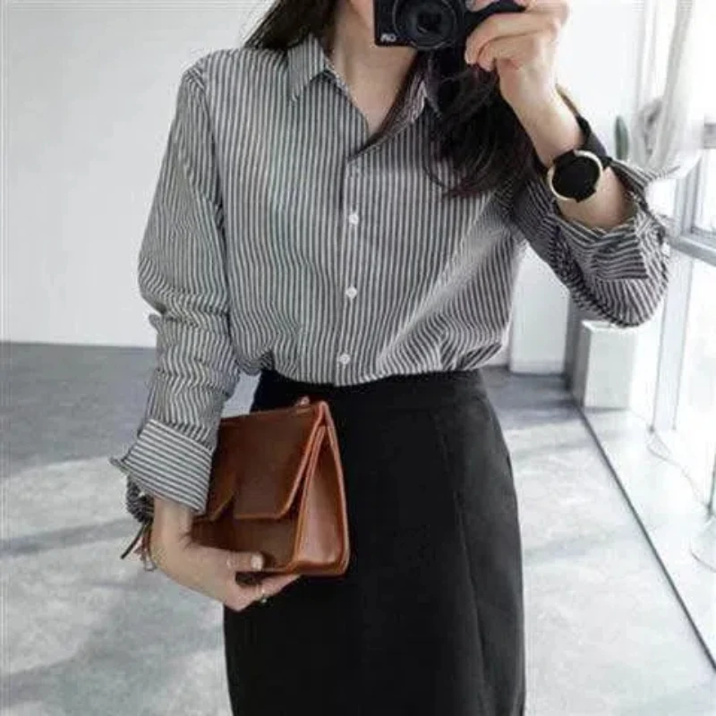 Striped Youth All-match Blouse Spring Autumn New Long Sleeve Polo Neck Loose Casual Shirt Tops Vintage Fashion Women Clothing