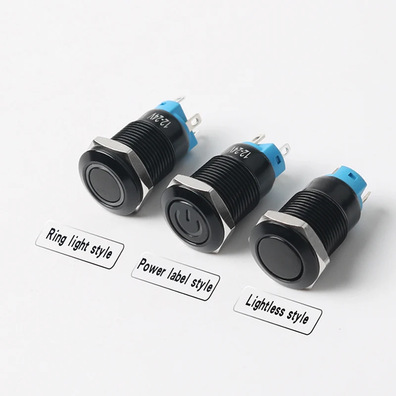 12MM Metal Button Switch 12V 24V 220V Oxidized Black Shell High Head Latching Momentary With Lights 1NO1NC Waterproof Switch