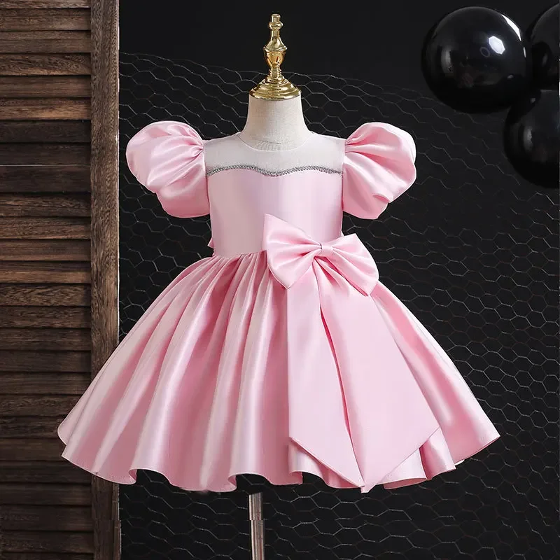 2025 menina manga curta cetim miçangas vestidos crianças vestidos de baile aniversário festa de casamento roupa novo verão mostrar vestidos combinando