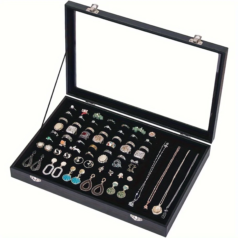 Tampa De Vidro Para Exibição De Jóias, Suporte Do Anel, Caixa De Armazenamento, 100 Groove