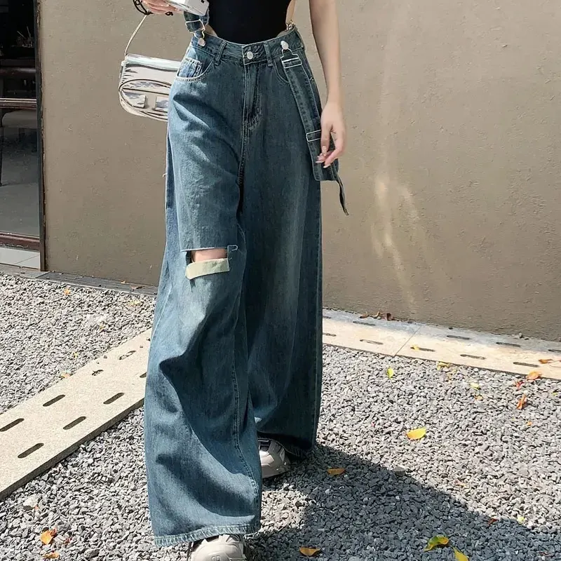 Retro High Waist Wide Leg Denim Trousers Women's Clothing Fashionable Detachable Suspender Spring Autumn Loose Straight Jeans