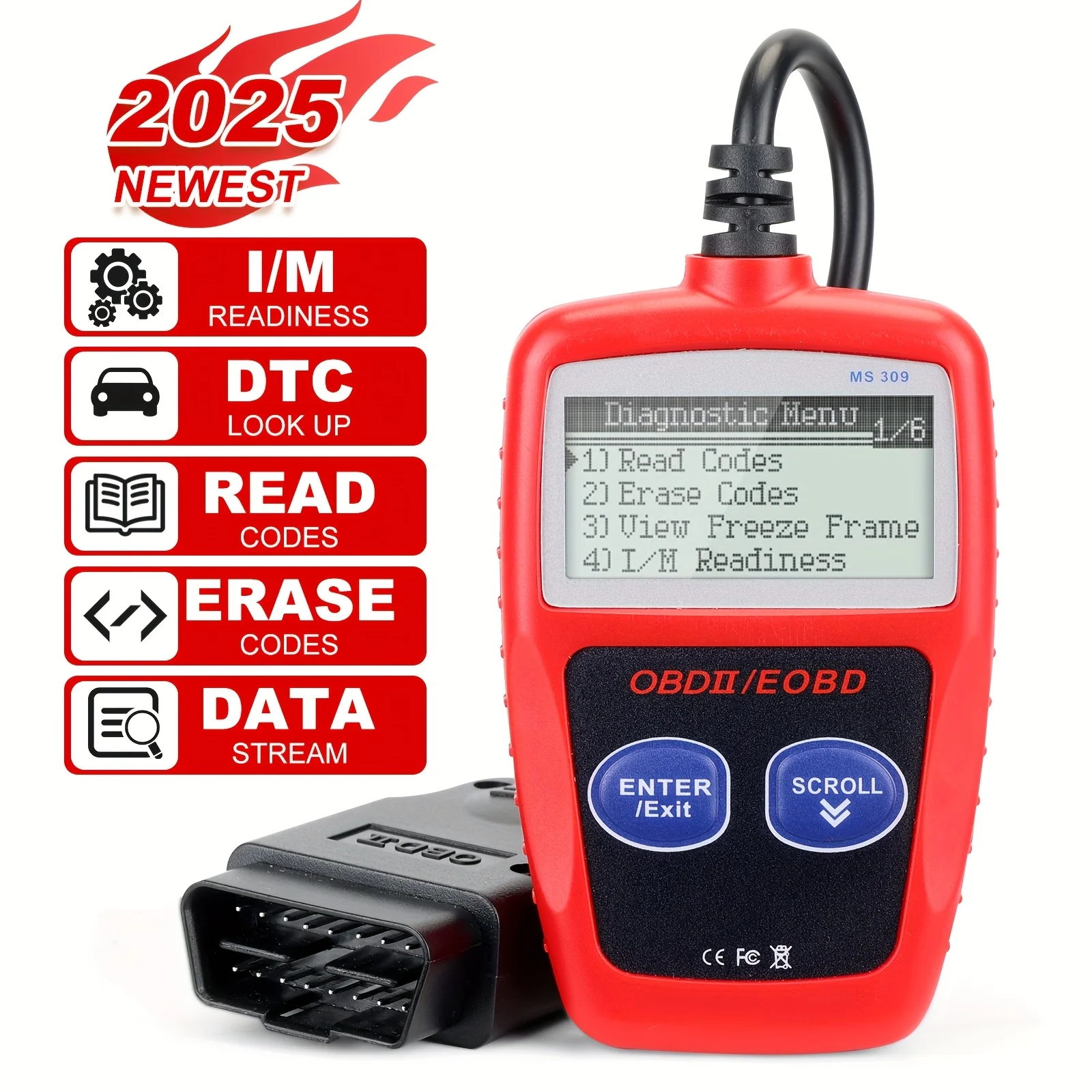 Obd2 Car Diagnostic Tool, Ms309 Obdii Eobd Fault Code Reader, Ecu Diagnostic Tool - with I/M 24000 Check Engine Light Reset Function, No Battery Required, Compact Design, Handheld Device, Car Diagnostics, Vehicle Owners, Automotive Mechanics