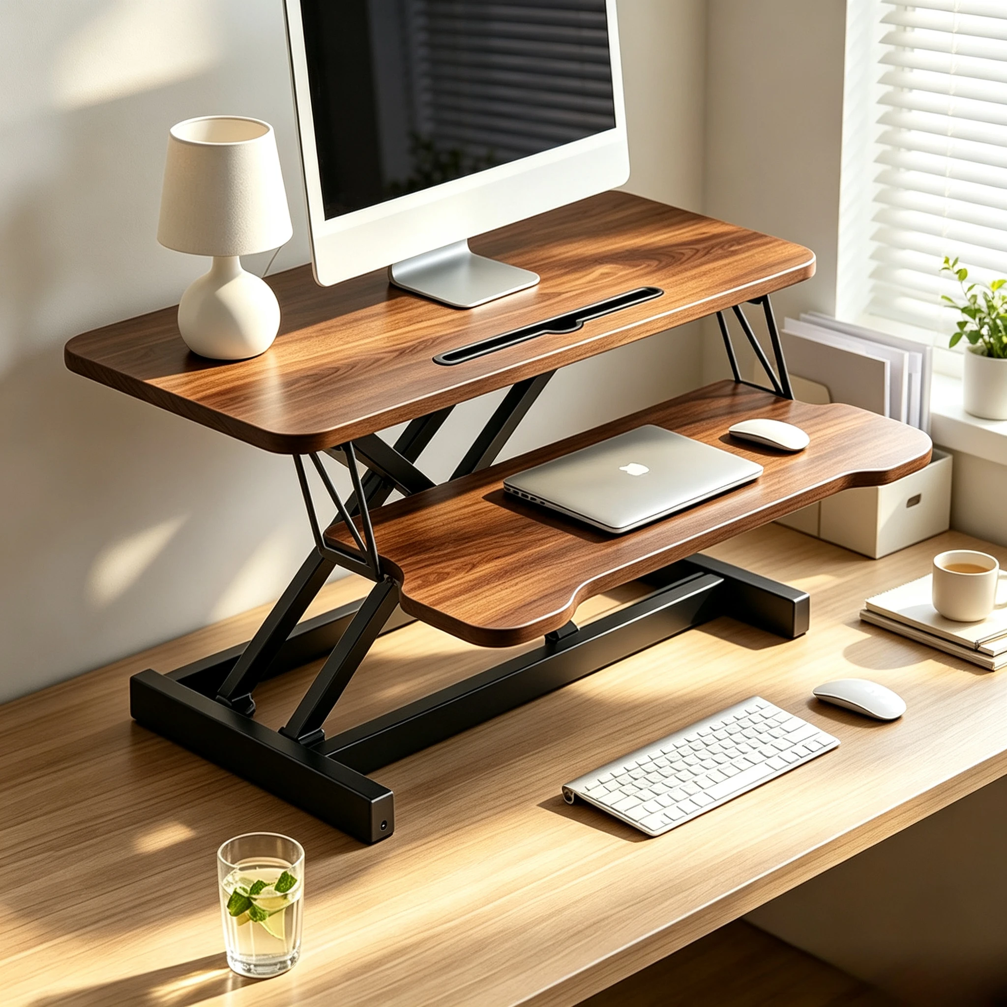 65cm Sit Stand Desk Converter Pneumatic Height Adjustable Dual Tier Monitor Keyboard Riser Walnut Desktop Workstation 스탠딩 데스크
