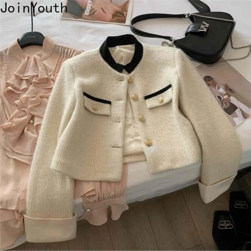 Stand Neck Patchwork Coat donna tunica a maniche lunghe capispalla coreano Crop top giacche coreane Vintage con clic 2024 Ropa Mujer 27 y621