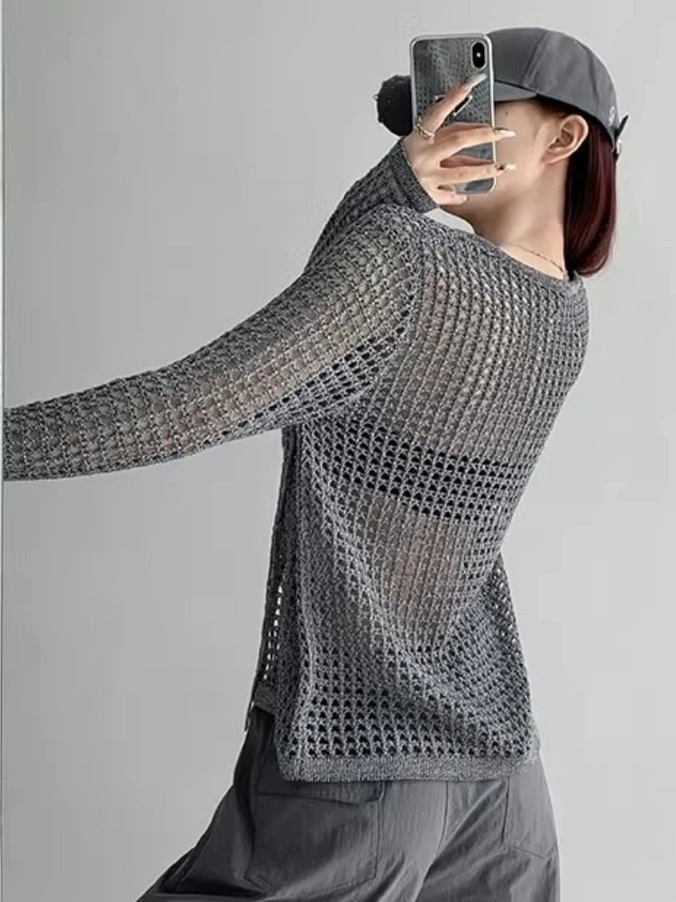 Camiseta de mujer de manga larga de punto calado estilo coreano, holgada, con protección solar, para verano 2026, a la moda