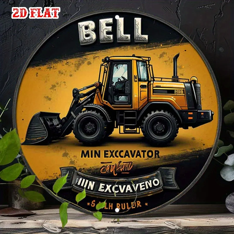 2D Flat, 1pc Vintage Round Aluminum Sign - Excavator Construction Machine Metal Wall Art, Rustic Yellow Tractor Decor for Home