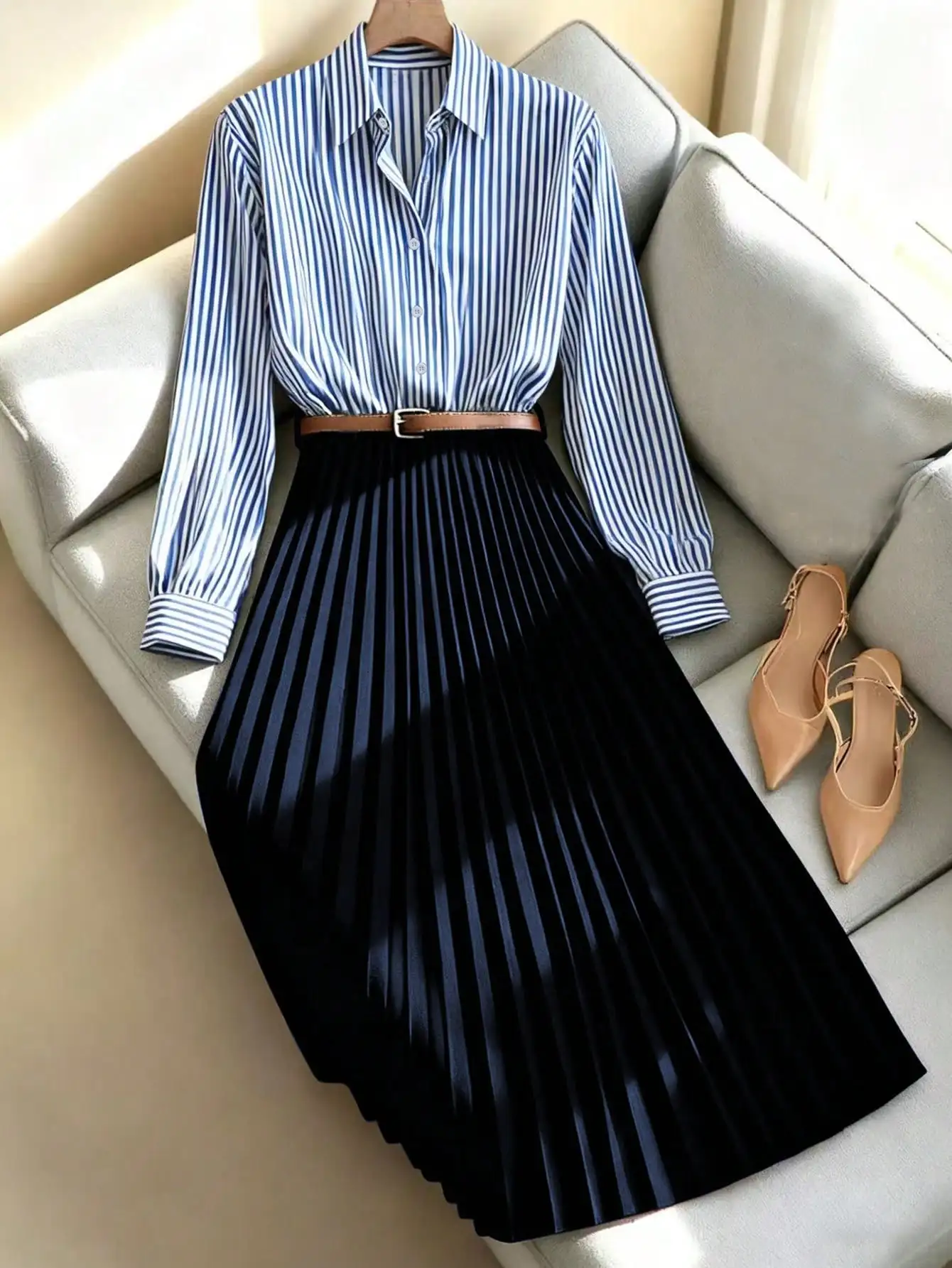 

Blue Striped Button Down Shirt with Black Pleated Midi Skirt Set