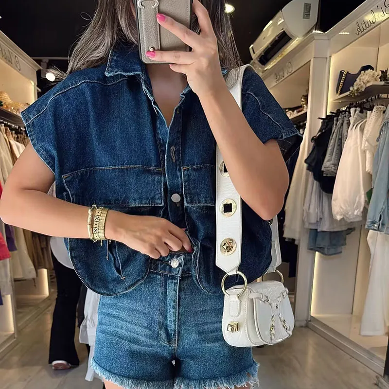 

Casual short big pocket sleeveless jackets female autumn turn down collar loose women's vest denim waistcoat for women tops