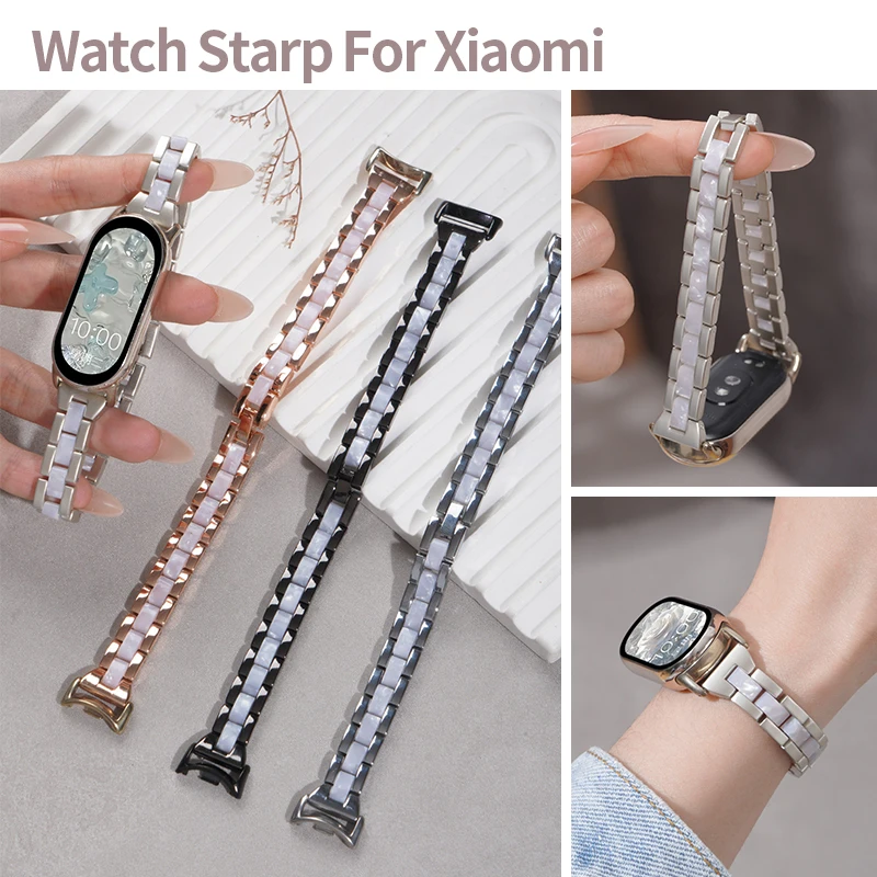 Metal Resin Strap for Xiaomi Mi Band 11 10 9 8 9pro Luxury Slim Women Replacement Bracelet for Redmi Watch 6 5 4 Dress Wristband