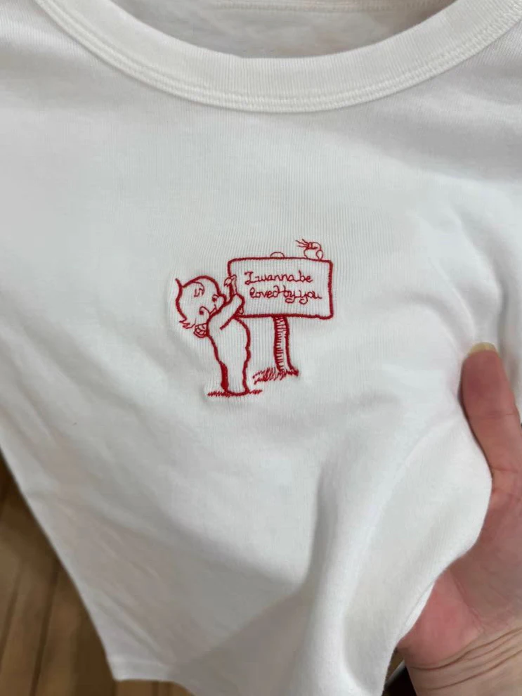 Angel Baby Embroidery Slim Crop Top Woman Summer Round Neck Short Sleeve Cotton Tees Casual Sweet Preppy Style Tshirts Y2k Tops