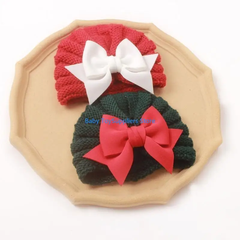 

R1WF Baby Winter Hat Knitted Beanie Hat Autumn Bow Knot Woolen Caps for Girls Boys 0-24M Breathable High Stretchy Unisex Hat