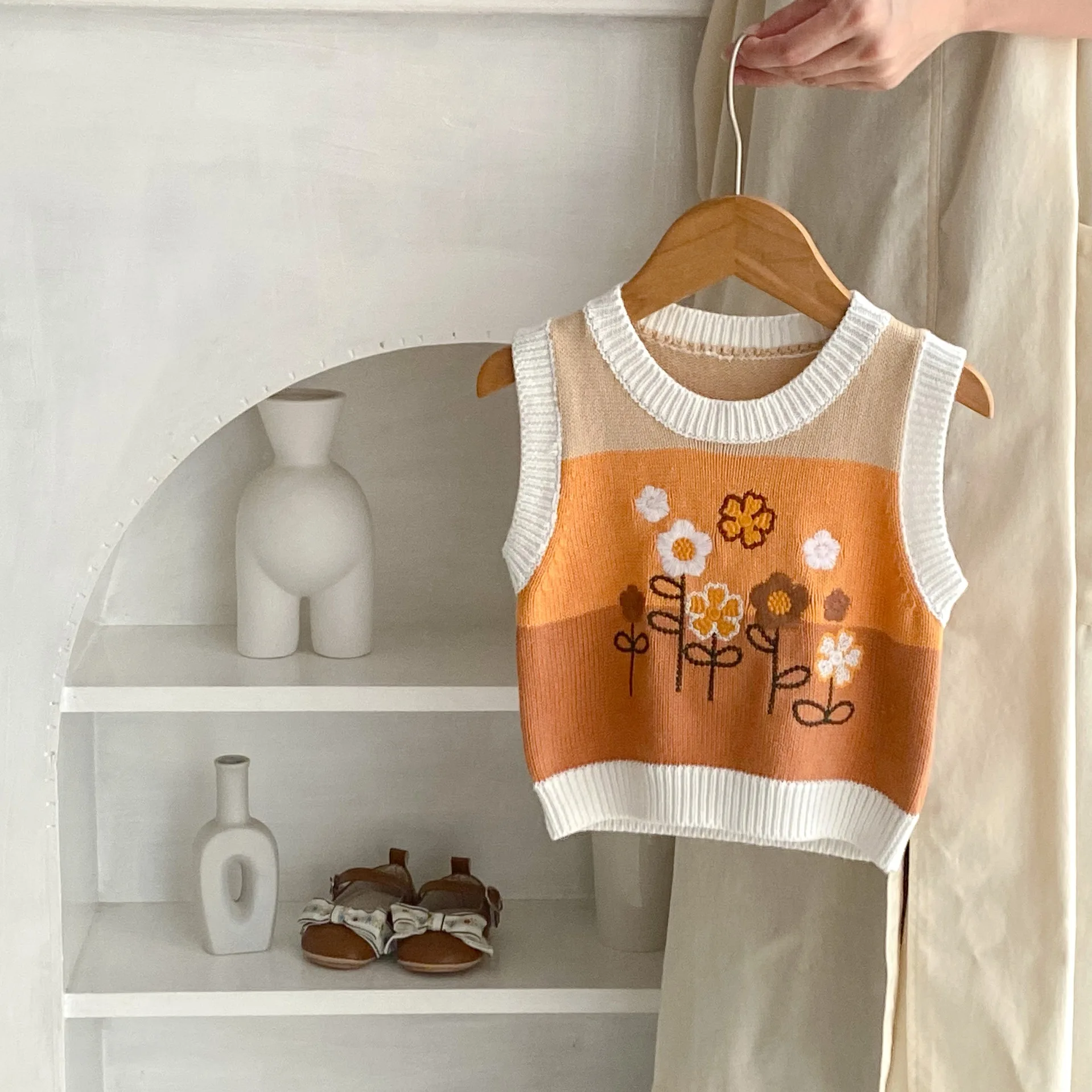 Autumn Embroidery Flower Baby Vest Boy Girl Striped Knit Sleeveless Pullover Tops Cotton Kid Casual Waistcoat Children Clothes